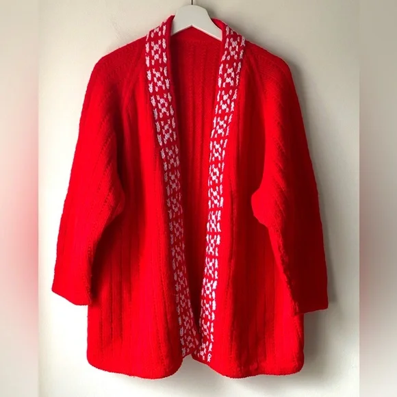 Bright red knit open front cardigan with white knit pattern - Picture 6 of 12